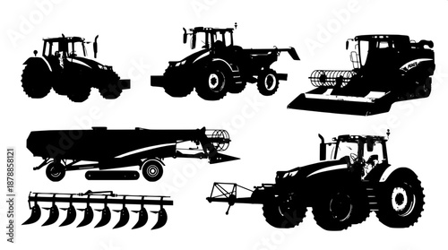 Professional farm equipment vector set, featuring tractors, plows, and harvesters, in a flat black design with crisp lines and no shading, set against a clean white background, showcasing a modern agr