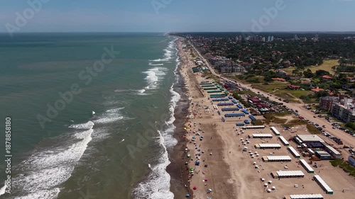 Aerial high angle view of Pinamar beach and city coastline during summer, Argentina.