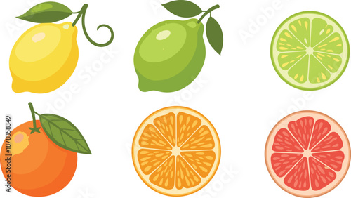 Fresh citrus fruit collection featuring whole lemon, lime, and orange with sliced grapefruit and lime segments for healthy food design.