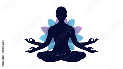 Symmetrical silhouette of a person sitting in lotus pose, meditation and mental health concept, zen vector.