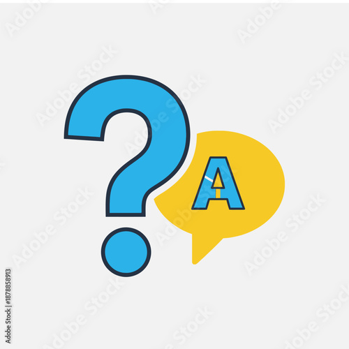 Large blue question mark next to a yellow chat bubble with a blue letter A inside, symbolizing questions and answers