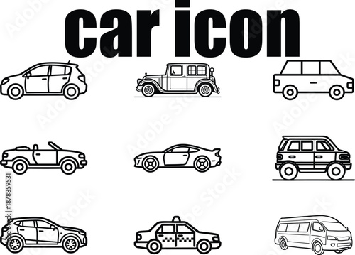  Car Icon Set Vector Collection, Outline Vehicle Icons Including Sedan, SUV, Taxi, Van and Classic Car, Editable Line Art Transportation Symbols