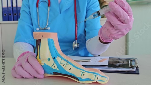 Doctor demonstrates foot anatomy and injection technique in medical clinic setting