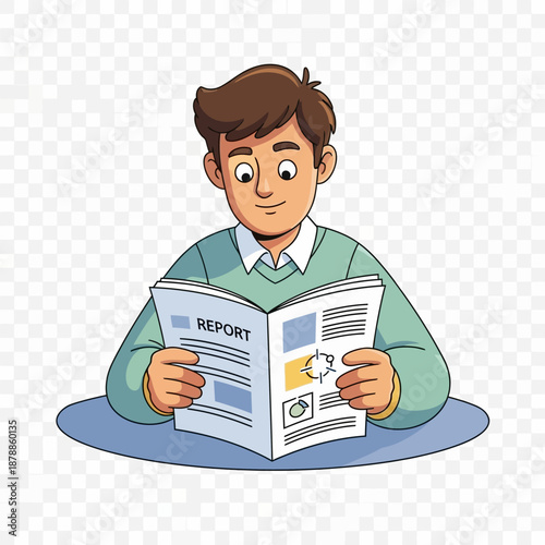 Young man in casual clothes intently reading a report in a magazine or newspaper, seated at a table