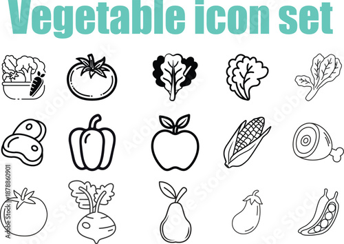 Vegetable Icon Set Vector, Healthy Food and Fresh Produce Line Icons, Organic Veggie Symbols for Menu, App, and Nutrition Design