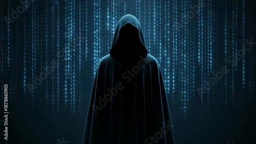 Sinister anonymous figure in a black hood standing in front of a falling digital binary code background, representing a dangerous computer hacker, cybercrime, and cybersecurity threat