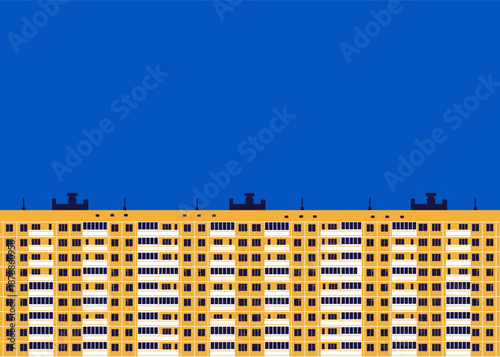 A long residential apartment building against a deep blue sky. Flat vector illustration inspired by 20th-century Soviet Union residential architecture and modernist mass housing. Artwork for architect