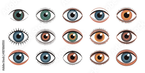 Detailed iris texture collection showing various patterns and colors in round human eyes for optics