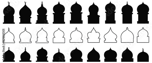 Islamic window shapes in door oriental style black silhouette, eid mubarak decorative arches, mosque borders, and moroccan gates, arabic muslim architecture design elements, vector illustration
