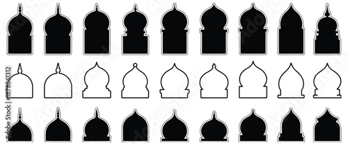 Islamic window shapes in door oriental style black silhouette, featuring eid mubarak arches, mosque borders, and moroccan gates, arabic muslim architecture design elements, ideal for vector design