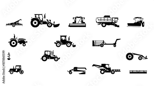 Agricultural vehicle icon pack in black and white, with bold contour lines and flat design, featuring farming equipment silhouettes such as tractors, plows, and harvesters, set against a clean white b
