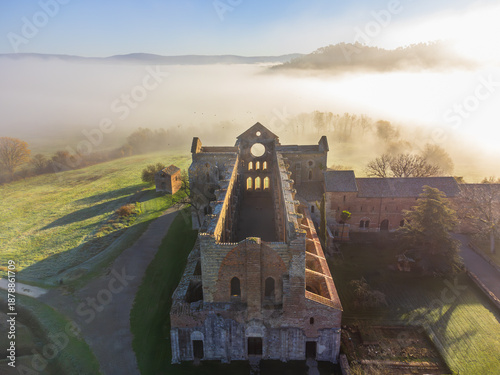 a misty morning shrouded the Abbey of San Galgano