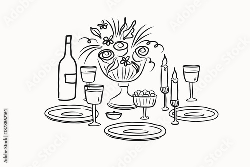 Festive dinner sketch. Hand-drawn line art graphic of table set for events, wedding, birthday. Romantic card for text. Aesthetic invitation. Design for poster, wallpaper, template. Food and holladay