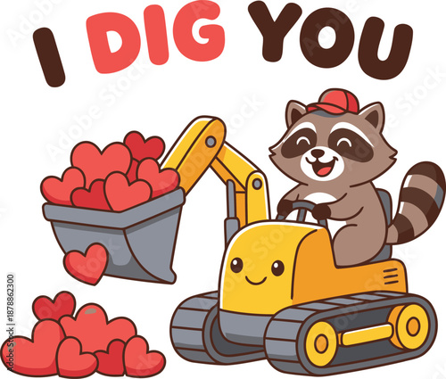 Cute Raccoon Driving Excavator with Hearts Illustration, I Dig You Valentine's Day Pun Vector Art