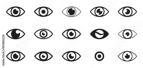 Set of various stylized eye icons in black and white minimalist simple graphic design