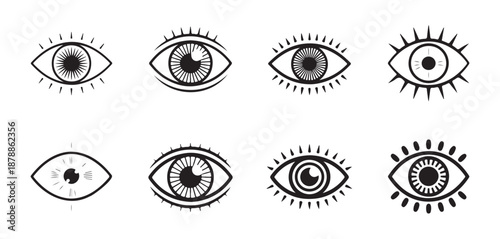 Detailed vector illustrations of human eyes with eyelashes showing texture and detailed iris