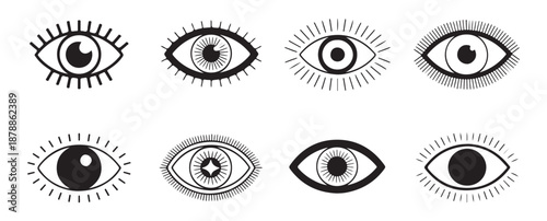 Minimalist eye sketch collection featuring various eyelash styles and iris patterns for modern art