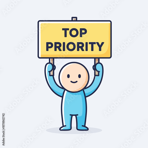 A cheerful cartoon character highlights an urgent message on a vibrant yellow sign, emphasizing a crucial task or important business matter with top priority