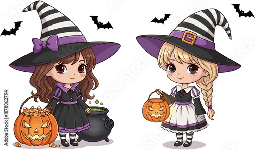 Two cute chibi witches in purple and black costumes with pumpkins and cauldron, spooky Halloween vector illustration for kids design.