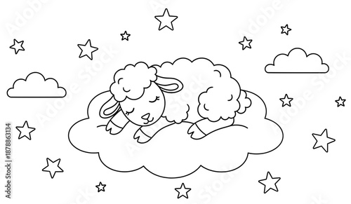 Cute sheep illustration sleeping on a fluffy cloud surrounded by stars and clouds, perfect for coloring pages and creative activities for children and adults alike