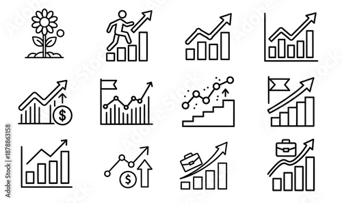 Growth concept illustration featuring various icons depicting progress, success, and financial improvement, including graphs, figures, and symbols representing upward trends and achievements