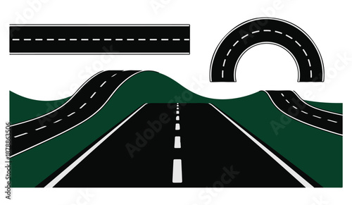 Roadway Sections on Green Hills with White Background