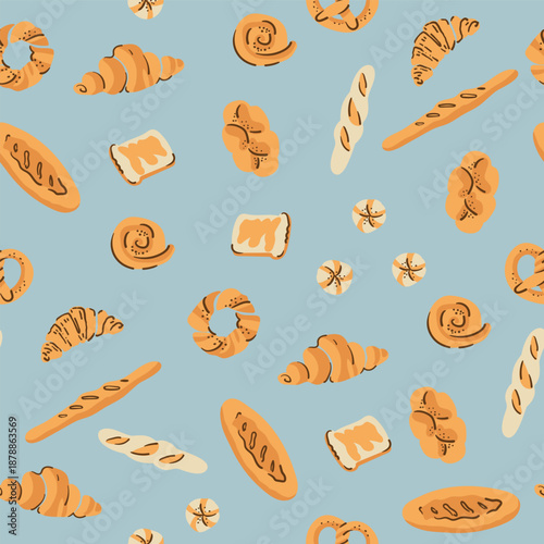 A seamless pattern featuring various pastries, such as croissants, bread, pretzels, and buns. Suitable for cafe, menu, and kitchen design.