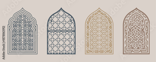 Islamic door vector set, modern design elements with mosque doors, domes, and lanterns, perfect for ramadan, eid, and cultural vector illustrations.