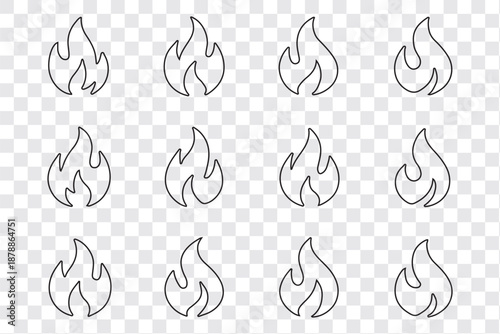 Fire icon collection. Concept flame, fire, icon. Flame icon in red. Campfire symbol. Logo design fire. Bonfire silhouette logotype. Vector illustration.