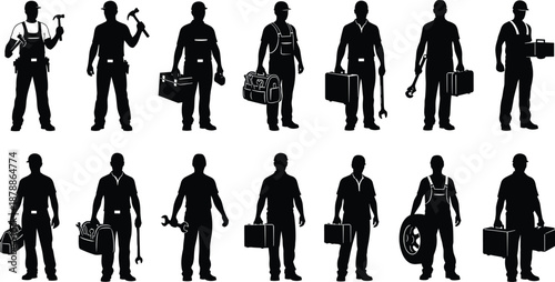Silhouette worker collection featuring construction, mechanic, electrician, and technician professions holding tools and equipment in industrial labor illustration