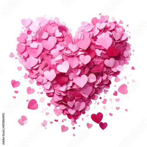 Pink heart confetti scattered isolated on white background.