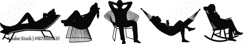 Black silhouette collection of people relaxing in various outdoor furniture including lounge chairs, hammocks, and rocking chairs isolated on a clean white background