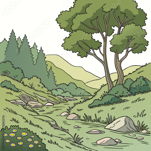 Cartoon valley scene with river path and lush vegetation