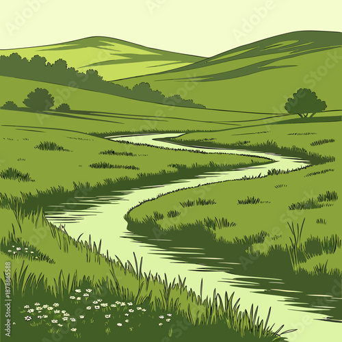 Green hills and meadow with winding creek and trees