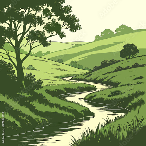 Green rural landscape with winding creek and trees