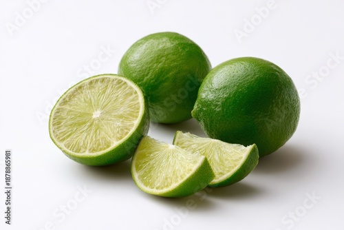 Fresh whole and sliced green limes on white background