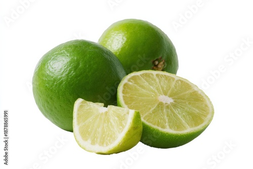 Fresh green limes with sliced segments on white background