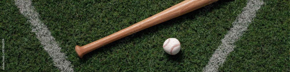 Obraz premium Baseball bat and ball on green field with white lines