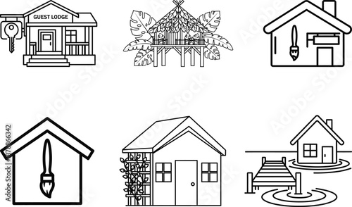 A collection of six simple house illustrations with unique features and designs