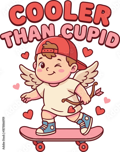 Cooler Than Cupid Cute Boy Skateboarder Valentine Illustration with Bow and Arrow Wings and Hearts