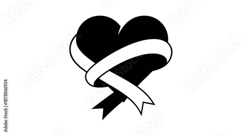 Elegant black heart symbol with a decorative ribbon wrapped around it on isolated white background