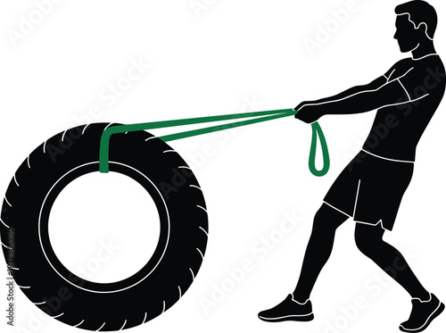 Black Silhouette of Athletic Man Pulling Heavy Tire with Green Strap for Functional Strength Training Workout Illustration Isolated on a White Background