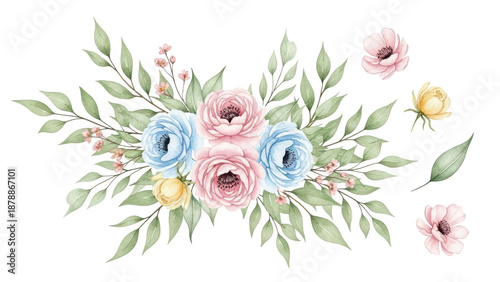 Watercolor floral bouquet illustration set   blush pink blue yellow flower green leaf leaves branches bouquets collection. Wedding stationary, greetings, wallpapers, fashion, background.