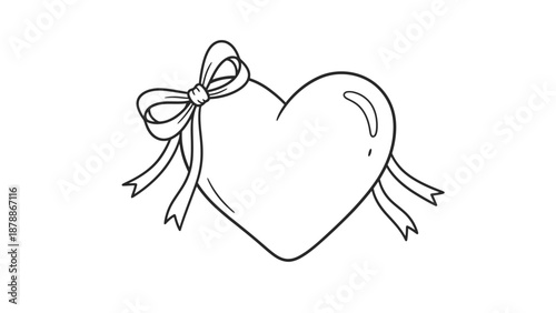 Outline of Romantic Heart Symbol with Ribbon Bow and Subtle Shine Effect, Isolated White Background
