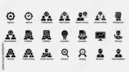 Set of Business Management and Planning Icons for Decision Making and Innovation, Isolated White Background