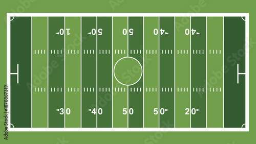 Top view of an American football field with yard lines and goalposts on isolated white background