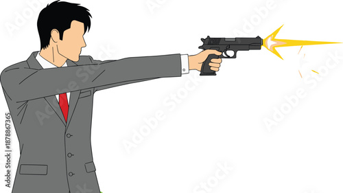Businessman Aiming and Firing Handgun Illustration Showing Danger, Risk, Conflict, Crime, and Aggressive Action Concept Flat Vector Design