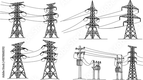 Black and white line of various power line towers and electrical substations voltage transmission lines