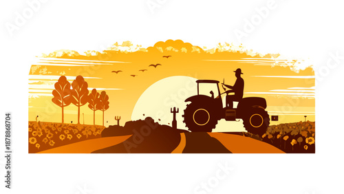 Silhouette of a farmer driving a tractor in a field during sunrise, rural landscape, agriculture and food production concept vector.