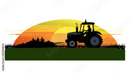 Silhouette of a farmer driving a tractor in a field during sunrise, rural landscape, agriculture and food production concept vector.